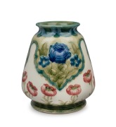 MOORCROFT "Poppy & Forget Me Nots" early pottery vase on cream ground, stamped "MACINTYRE, Burslem, England, MADE FOR PRINGLE'S Ltd." with green signature "Moorcroft", 10cm high.