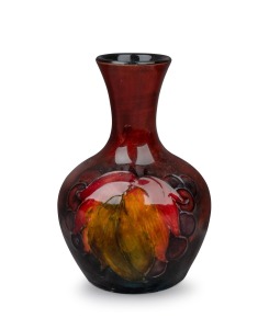 MOORCROFT flambe "Leaves and Berries" miniature pottery stem vase, impressed signature mark to base "Moorcroft, Potter To H.M. The Queen, Made In England", 9cm high.