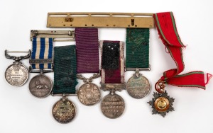 A group of Miniatures, comprising an 1882-89 Egypt Medal with "The Nile 1884-85" bar; Victoria Long Service and Good Conduct medal; Edward VII Long Service medal; George V Meritorious Service medal; George V Long Service medal; George VI Long Service meda