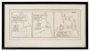 TANDBERG two original cartoon artworks from the Malcolm Fraser era, both signed "Tanberg", the larger 19 x 44cm, 30 x 54cm overall.