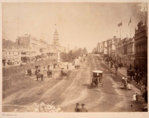 "BALLAARAT" large format albumen photograph showing an animated view of Sturt Street, circa 1880. Original mount with hand-written caption "Ballaarat". Possibly by William Bardwell. ​​​​​​​Sheet size 22 x 28.5cm.