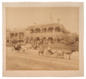 [MELBOURNE] large albumen photograph, signed J. P. LIND lower left, circa 1880s. An intriguing and possibly unique image, showing what is perhaps a significant occasional outside an ecclesiastical residence, with a lady driving a trap and a liveried drive