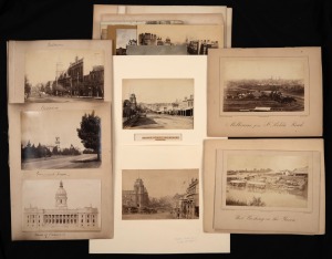 [MELBOURNE] Group of 25 photographs of Melbourne buildings and street, mostly albumen prints, 19th century. Views taken by LINDT, NETTLETON etc., including two fine shots of Bourke Street, 1870s-1890s. Varying sizes. Inspection will reward.