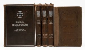 OFFICIAL WAR REPORTS (Amtliche Kriegs-Depeschen) 1914 - 1916, in four leather-bound volumes with silver highlights. In addition to the printed reports, each volume features several photo-lithographs of the German Royal family and Military leadership. Also