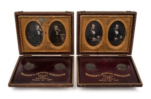 Two c. 1853 daguerreotype stereoscopic portraits, each in gilt-tooled and embossed leather case with flip-up stereoscope stamped "Mascher's Improved Stereoscope - Philada. - Patent March 8th 1853"; the case 9.5 x 12cm overall when closed. (2 items)