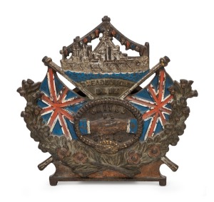DREADNOUGHT BANK antique hand-painted cast iron money box, early 20th century, 17.5cm high.