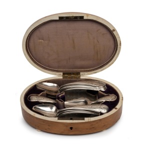 78 · An antique Dutch silver fourteen piece spoon set housed in original oval maple box lined in velvet and silk with ivory edging and mirrored base, 19th/20th century, the box 18.5cm wide, 170 grams silver weight.