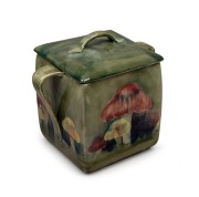 MOORCROFT "Claremont" pottery biscuit barrel on celadon green ground, underglazed green signature mark to base, 16cm high.