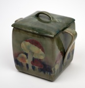 MOORCROFT "Claremont" pottery biscuit barrel on celadon green ground, underglazed green signature mark to base, 16cm high. - 2