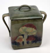 MOORCROFT "Claremont" pottery biscuit barrel on celadon green ground, underglazed green signature mark to base, 16cm high. - 3