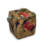 MOORCROFT "Pomegranate" pottery biscuit barrel on celadon green ground, underglazed green signature mark to base, and impressed "Moorcroft Burslem", 16cm high.