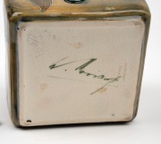 MOORCROFT "Pomegranate" pottery biscuit barrel on celadon green ground, underglazed green signature mark to base, and impressed "Moorcroft Burslem", 16cm high. - 3