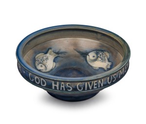 MOORCROFT "Fish" pattern English pottery bowl with inscription "GOD HAS GIVEN US MEMORY THAT WE MAY HAVE ROSES IN DECEMBER", impressed "Moorcroft, Made In England', 7cm high, 20.5cm diameter.