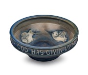MOORCROFT "Fish" pattern English pottery bowl with inscription "GOD HAS GIVEN US MEMORY THAT WE MAY HAVE ROSES IN DECEMBER", impressed "Moorcroft, Made In England', 7cm high, 20.5cm diameter.