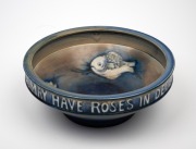 MOORCROFT "Fish" pattern English pottery bowl with inscription "GOD HAS GIVEN US MEMORY THAT WE MAY HAVE ROSES IN DECEMBER", impressed "Moorcroft, Made In England', 7cm high, 20.5cm diameter. - 3