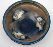 MOORCROFT "Fish" pattern English pottery bowl with inscription "GOD HAS GIVEN US MEMORY THAT WE MAY HAVE ROSES IN DECEMBER", impressed "Moorcroft, Made In England', 7cm high, 20.5cm diameter. - 6