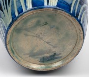 MOORCROFT "Wind Swept" salt glazed pottery vase on blue ground, impressed signature mark to base "Moorcroft, Potter To H.M. The Queen, Made In England", 24.5cm high. - 3