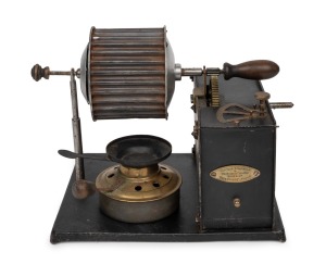 BOOF & Cie. antique French clockwork tabletop drum coffee roaster, with brass manufacturer's plaque, 19th century, 23cm high, 27cm wide, 21cm deep.