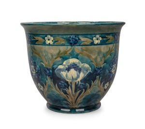 MOORCROFT "Florian Ware" pottery jardiniere on celadon green and blue ground, impressed "Moorcroft, Burslem, England", with green signature to base, 23cm high, 28cm diameter.