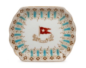WHITE STAR LINE antique porcelain dish with enamel decoration, emblazoned with the white star and red flag emblem, circa 1902, with registration and production number: 117214 and 324028, and manufacture date of 5/1902, 8.5cm wide.