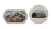 Antique English Prattware pot lid for the Crystal Palace International Exhibition, 1851; together with a Philadelphia Exhibition, 1876 pot lid and base, (2 items), 10.5cm diameter and 14cm wide.