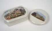 Antique English Prattware pot lid for the Crystal Palace International Exhibition, 1851; together with a Philadelphia Exhibition, 1876 pot lid and base, (2 items), 10.5cm diameter and 14cm wide. - 2