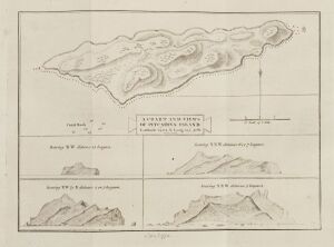 PHILIP CARTERET (1733 - 1796), A Chart and Views of Pitcairns Island. Latitude 25.02.S Long: 133.30 W., overall 29 x 45cm. First edition of the first chart of the island following a visit by Carteret in 1767.