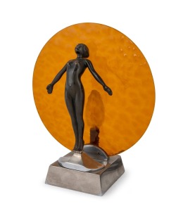 An Art Deco figural Diana lamp with circular amber glass shade, mid 20th century, 26cm high.