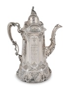 A fine quality antique English sterling silver coffee pot with engraved Gothic decoration and cast figural finial, engraved "Presented To The REV. W. BURDETT M.A. By The Inhabitants Of North Molton and Twitchen As A Testimony Of Their Grateful Recognition