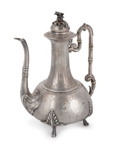 An antique French silver coffee pot with engraved decoration and floral finial, 19th century, 27cm high, 648 grams.