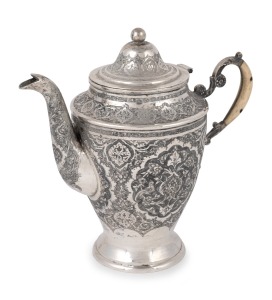 A Persian silver coffee pot with ornate engraved decoration and bone handle, stamped "VARTAN A.O." with Arabic cartouche, 20th century, 18cm high, 516 grams total.