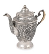 A Persian silver coffee pot with ornate engraved decoration and bone handle, stamped "VARTAN A.O." with Arabic cartouche, 20th century, ​​​​​​​18cm high, 516 grams total.