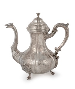 An antique Belgian silver coffee pot with engraved decoration and griffin head spout, 19th century, 27cm high, 888 grams.