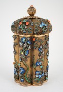 A stunning antique Chinese filigree silver lidded jar, inlaid with cabochon, turquoise and coral, decorated with enamel birds and floral highlights, double walled construction with gilt finished interior, 19th/20th century, stamped "SILVER", 17.5cm high, - 2