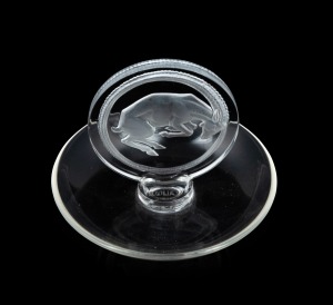 LALIQUE French glass ring tray with antelope decoration, acid etched mark "R. Lalique, France", 7.5cm high, 10cm diameter.