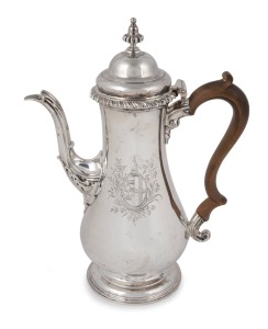 3 · A George III antique English sterling silver pear shaped coffee pot with carved fruitwood handle, made in London, circa 1764, ​​​​​​​27.5cm high, 779 grams total including handle.