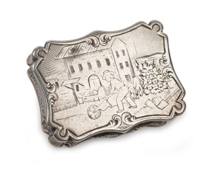NATHANIEL MILLS antique silver vinaigrette with engraved town scene to the top, made in Birmingham, circa 1846, 3.5cm wide.