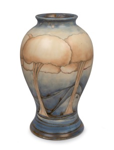 MOORCROFT "Landscape" pattern pottery vase with rare salt glazed finish, impressed "Moorcroft, Made In England" plus blue signature "W. Moorcroft", 32cm high, 19cm wide.