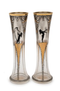 ADOLF BECKERT (Glasfachschule Steinsch&ouml;nau), fine pair of Bohemian art glass vases with black enamel silhouette decoration and gilt highlights, early 20th century, 31.5cm high.