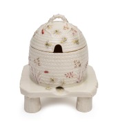 BELLEEK antique Irish porcelain beehive honey pot with coloured decoration, 19th century, black factory mark to base, 15cm high.