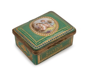 466 · SEVRES antique French green porcelain "SOUVENIR" jewel box with hand-painted putti scene and gilt metal mounts, 19th century, blue factory mark to base, ​​​​​​​7cm wide.