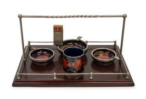 MOORCROFT rare "Pomegranate" pattern pottery smoker's companion set with mahogany and silver plated caddy, (5 items), impressed mark to base "Moorcroft, Made In England", 21cm wide, 43cm wide.