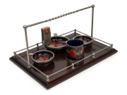 MOORCROFT rare "Pomegranate" pattern pottery smoker's companion set with mahogany and silver plated caddy, (5 items), impressed mark to base "Moorcroft, Made In England", 21cm wide, 43cm wide. - 2