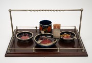 MOORCROFT rare "Pomegranate" pattern pottery smoker's companion set with mahogany and silver plated caddy, (5 items), impressed mark to base "Moorcroft, Made In England", 21cm wide, 43cm wide. - 3