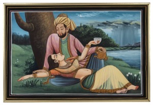 ARTIST UNKNOWN, (Indian courting scene), oil on cotton, ​​​​​​​55 x 81cm overall.