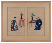 Set of twelve antique Chinese paintings on silk, framed as pairs in six frames, 19th century, 43 x 53cm each overall.