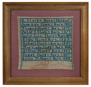 An antique needlework sampler listing twelve members of the Storey family, dating from 1852-1890, framed and mounted, 47 x 49cm overall.