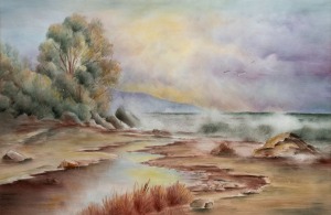 CAROLYN SLINGO, (sea scape with stream), oil on card, 19 x 29cm, 39 x 49cm overall.