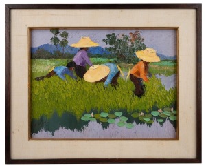 SUJARIT HIRANKUL (Thailand, 1946-1982), (rice farmers), oil on canvas, signed lower left with original gallery label verso, 30 x 40cm, 42 x 52cm overall.