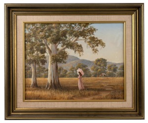 KERRY DORAN (working 1970s), (lady with pink dress and parasol in landscape), ​​​​​​​oil on board, signed lower right "K. Doran", 35 x 45cm, 52 x 62cm overall.